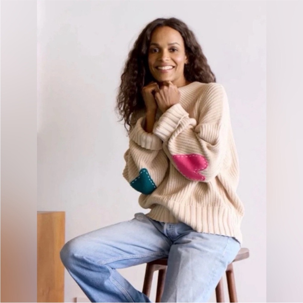 KERRI ROSENTHAL Marlow Imperfect Heart Patchwork Elbow Women's Sweater Tan